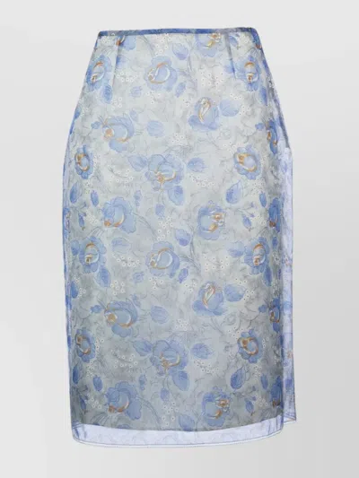Prada High-waisted Floral Skirt Sheer Overlay In Blue