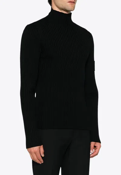 Prada High-neck Ribbed Wool Sweater In Black
