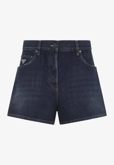 Prada High-waist Mini Denim Shorts In Blue