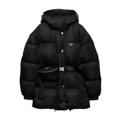 Prada Hooded Belted Down Jacket In Black