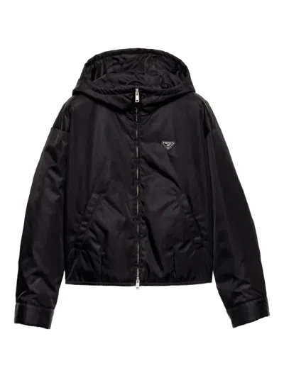 Prada Hooded Cropped Jacket Long Sleeves Pockets In Black