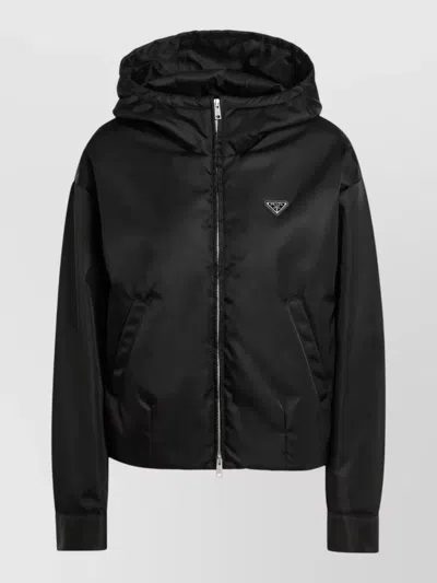 Prada Hooded Cropped Jacket Long Sleeves Pockets In Black