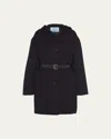 Prada Hooded Double-face Coat With Leather Belt In Nero Grigio