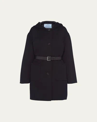Prada Hooded Double-face Coat With Leather Belt In Black/gray