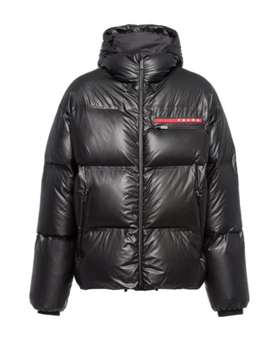 Prada Light Nylon Hooded Puffer Jacket In Black