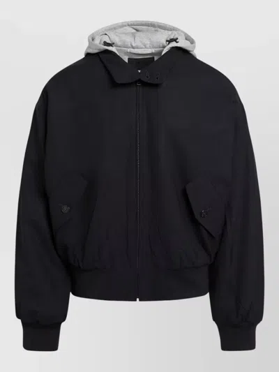 Prada Hooded Jacket Front Pockets Ribbed Trim In Black