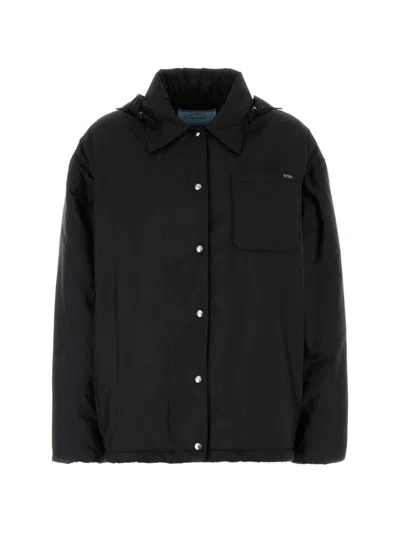 Prada Black Shirt Collar Jacket In Animal Print