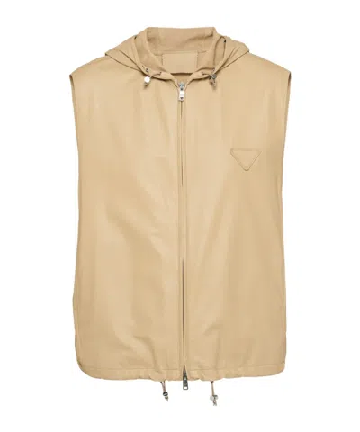 Prada Hooded Leather Vest In Brown
