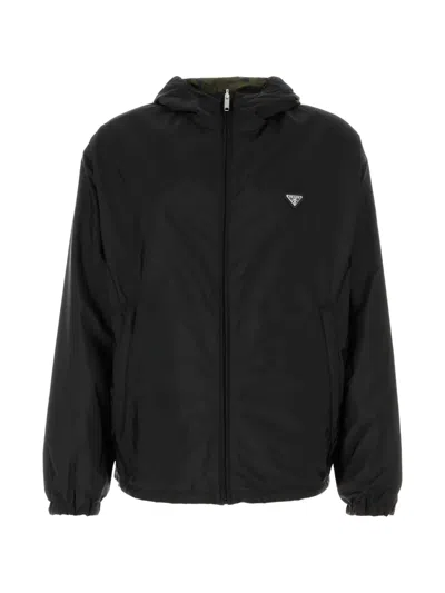 Prada Hooded Logo-plaque Jacket In Black