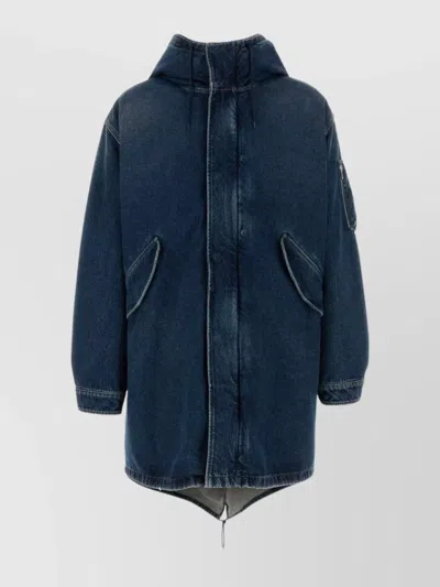 Prada Hooded Longline Coat Drawstring Hem In Blue