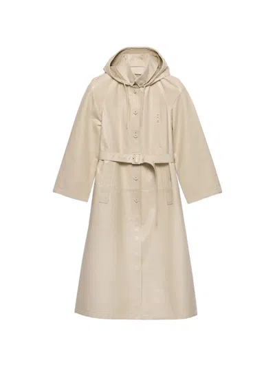 Prada Hooded Nappa Leather And Fabric Coat In Neutral