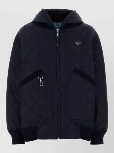 Prada Hooded Nylon Jacket Quilted Ribbed Cuffs Pockets In Blue