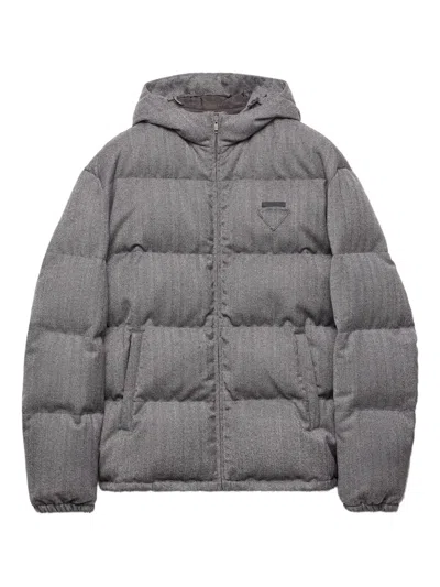 Prada Mens Grey Logo-plaque Hooded Wool Shell-down Jacket In Gray