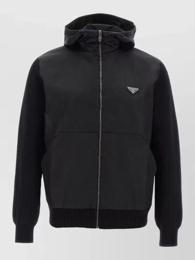 Prada Hooded Renylon Cardigan Wool Cashmere Blend In Black