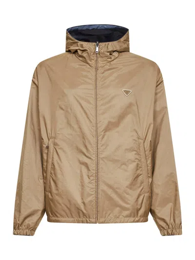 Prada Hooded Reversible Re-nylon Jacket In Brown
