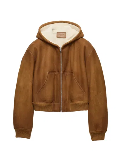 Prada Hooded Shearling Jacket In Brown