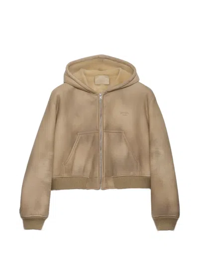 Prada Hooded Shearling Jacket In Neutral