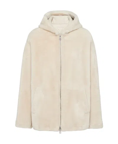 Prada Hooded Shearling Jacket In Nude