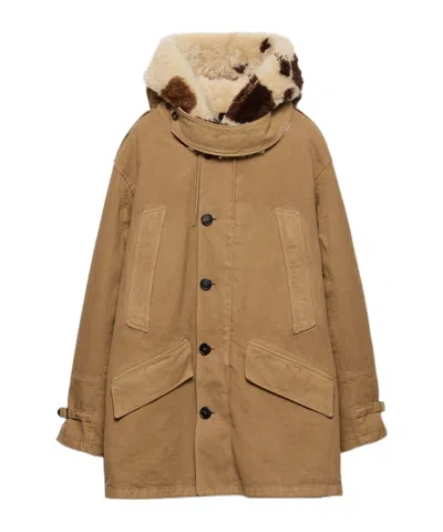 Prada Hooded Shearling-trimmed Parka In Brown