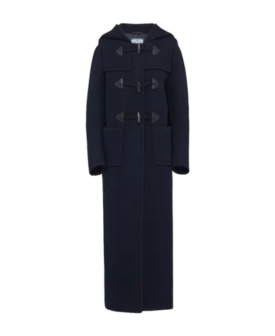 Prada Hooded Wool Coat In Blue