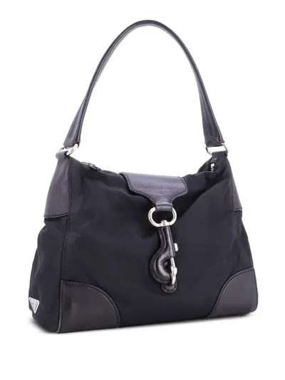 Pre-owned Prada Hook Hobo Nylon With Leather Shoulder Bag In Black