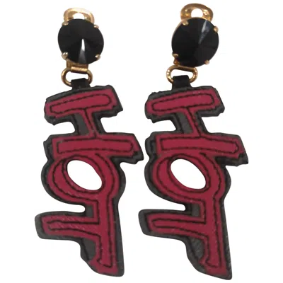 Pre-owned Prada "hot" Black Fucsia Leather Swarovski Clip On Earrings