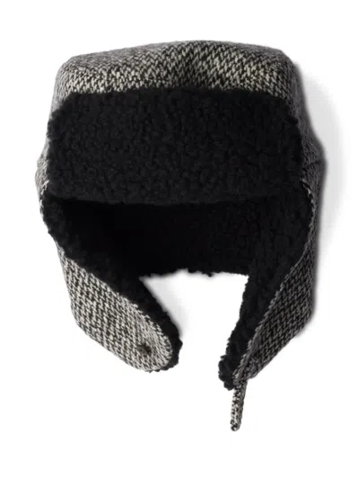 Prada Houndstooth Fleece-trapper Hat In Black