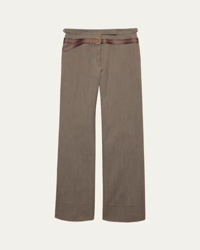 Prada Inset Belt Wool Pants In Brown