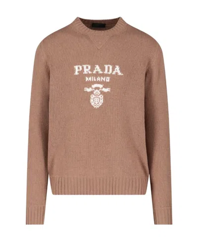 Prada Intarsia-knit Logo Wool-blend Jumper In Camel Brown