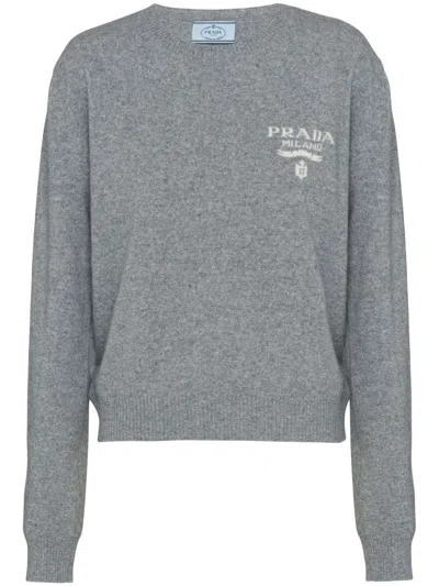 Prada Intarsia-logo Cashmere Jumper In Grey