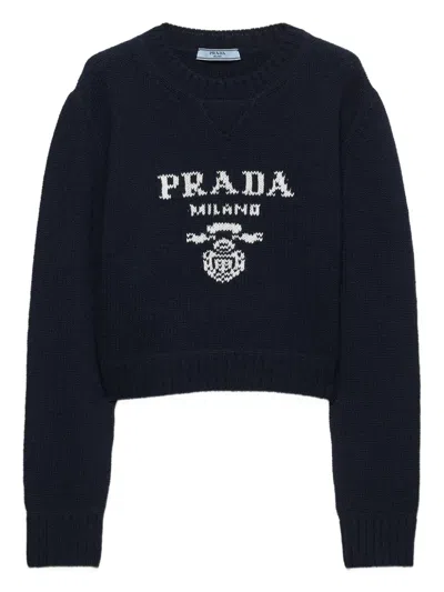 Prada Intarsia-logo Ribbed-knit Sweater In Blue