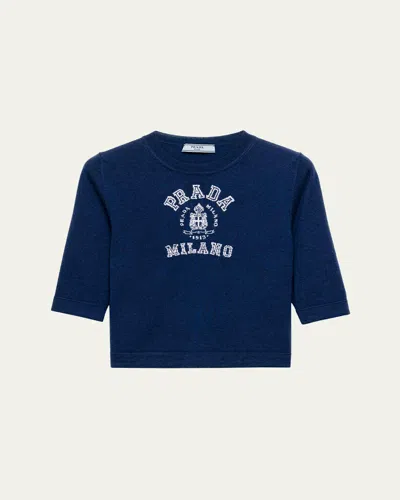PRADA INTARSIA LOGO SHORT-SLEEVE CASHMERE SWEATER