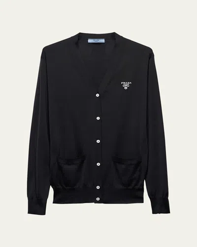 Prada Intarsia Logo Silk Knit Cardigan In F0002 Nero