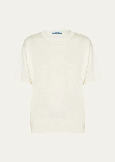 Prada Intarsia Logo Silk Linen Knit Shirt In F0018 Naturale