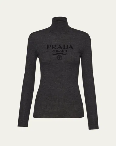 Prada Intarsia Logo Wool Turtleneck Sweater In Antracite