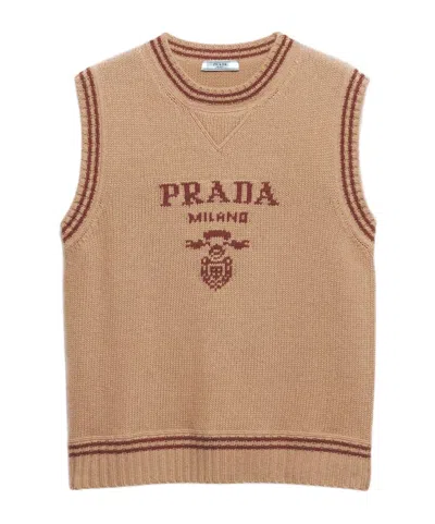 Prada Logo Wool And Cashmere Sweater Vest In Brown