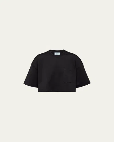 Prada Interlock Knit Cropped Cotton T-shirt In Nero