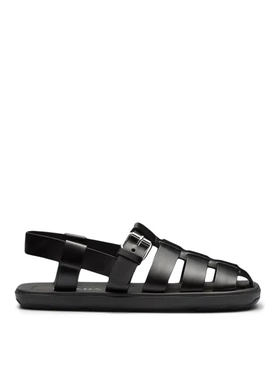 Prada Interwoven Straps Leather Sandals In Black