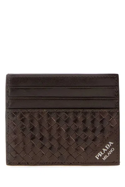 Prada Intrecciato Leather Card Case In Brown