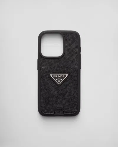 Prada Saffiano Leather Cover For Iphone 15 Pro In Black