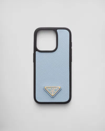 Prada Saffiano Leather Cover For Iphone 15 Pro In Light Blue