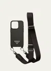 Prada Iphone 15 Pro Leather Case With Strap In F0632 Nero 1