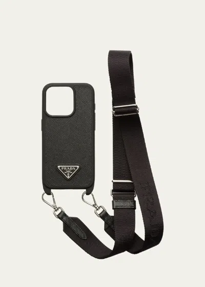 Prada Iphone 15 Pro Leather Case With Strap In F0632 Nero 1
