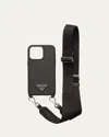 Prada Iphone 15 Pro Max Leather Case With Strap In Black