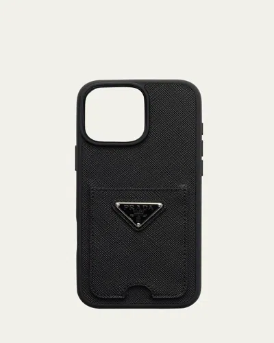 Prada Iphone 16 Pro Max Saffiano Leather Phone Case In Black