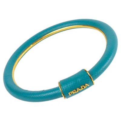 Pre-owned Prada Italy Blue Saffiano Leather Bangle Bracelet With Gilded Trim