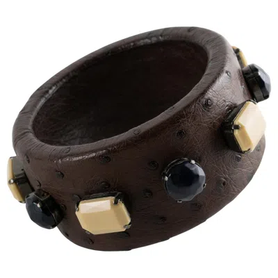 Pre-owned Prada Italy Cocoa Brown Ostrich Leather Jeweled Bangle Bracelet