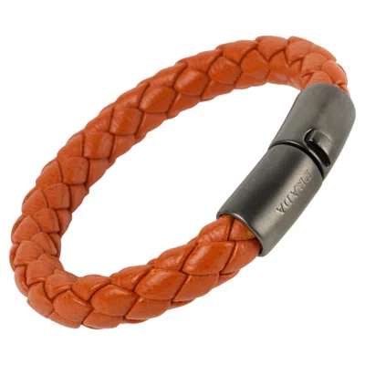 Pre-owned Prada Italy Pumpkin Orange Braided Leather Bangle Bracelet