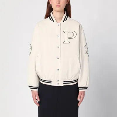 PRADA PRADA IVORY CANVAS BOMBER JACKET WITH PATCH