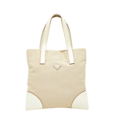 Pre-owned Prada Ivory Canvas Leather Handbag Tote Bag () In Multi